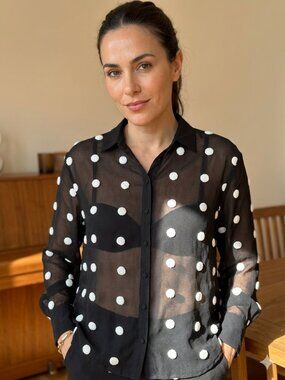 Bella Ella Sheer Polka Dot Blouse Black White Button Front Size S